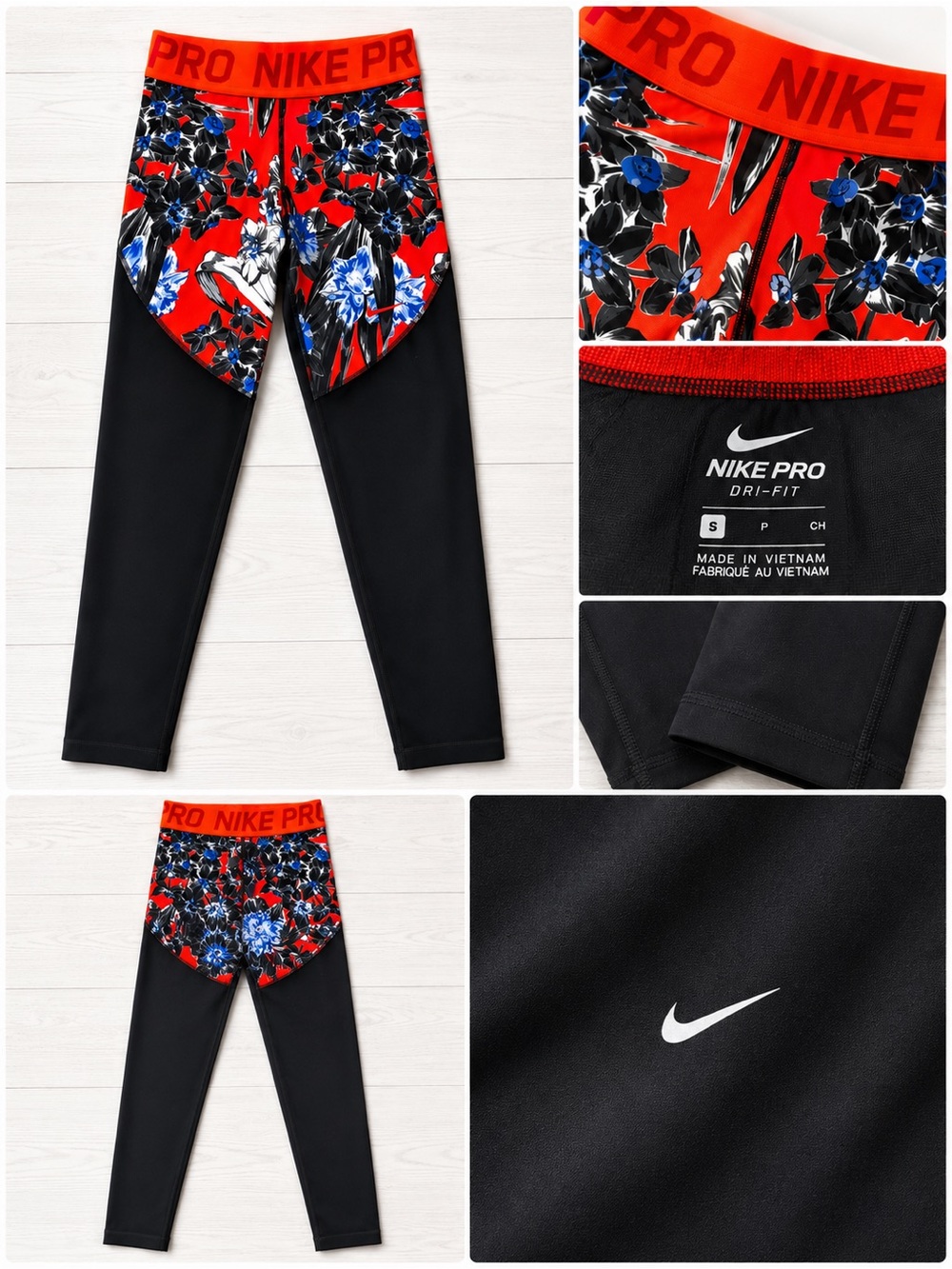 Nike Pro Black Leggings with Red Floral Waistband and Blue Accents size Small